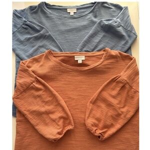 Two JJill 100% Cotton Tops - Blue & Coral Orange